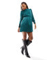 Only high neck long sleeve satin mini dress in emerald green