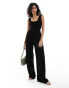 ASOS DESIGN crinkle shirred bodice cami strap wide leg jumpsuit in black Черный, 38 - фото #1