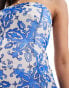 ASOS DESIGN bandeau midi dress with drape mesh bodice in blue tile print