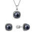 Silver jewelry set with black river pearls 29065.3B black (earrings, chain, pendant)