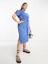 Vila Curve satin t-shirt midi dress with tie waist in blue