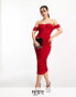 Фото #2 товара Jaded Rose Petite – Gerafftes, wadenlanges Kleid in Rot mit Korsett-Taille und transparentem Einsatz