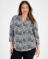 Фото #1 товара Plus Size Printed V-Neck 3/4 Sleeve Top, Created for Macy's