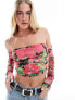 Фото #1 товара ONLY ruched detail mesh cropped bardot top in multi floral