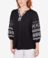 Petite Split Neck Embroidered 3/4 Sleeve Knit Top