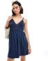 ASOS DESIGN strappy v neck crochet mini skater dress in washed indigo blue Синий, 32 - фото #1