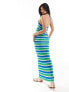 The Frolic ophina halter neck tie detail tonal metallic stripe maxi beach dress in blue and green