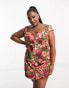 ASOS DESIGN Curve mini button through twill dress with cup detail in bloom floral print