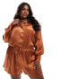 In The Style Plus long sleeve satin shirt co-ord in rust