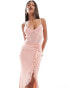 ASOS DESIGN sheer mesh corset detail cami maxi dress with ruffle split in blush pink