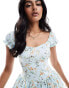 ASOS DESIGN milkmaid puff sleeve mini dress with drop waist in blue ditsy print Verspielt geblümtes, S - EU 36-38 - фото #3