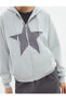 Oversize Fermuarlı Kapşonlu Sweatshirt Şardonlu Yıldız Aplike Detaylı Pamuklu