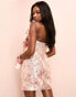 ASOS LUXE jacquard exaggerated bow pearl detailed bandeau mini dress in pink floral