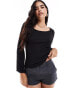 Vila ribbed long sleeve scoop neck top with lettuce edge detail in black