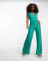 Morgan glitter plunge front pleated wide leg jumpsuit in green