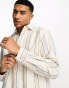 Pull&Bear linen long sleeve striped shirt in sand