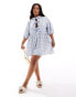 Фото #1 товара ASOS DESIGN Curve puff sleeve tie front mini dress in blue gingham print