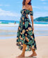 Women's Tropical Off-Shoulder Smocked Bodice Asymmetrical Maxi Beach Dress