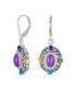 Western Style Multicolor Purple Natural Turquoise Oval Framed Dangle Lever Back Earrings For Women Oxidized Sterling Silver