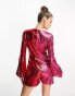 Jaded Rose balloon sleeve sequin playsuit in pink and red