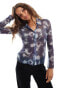 Фото #1 товара Monki long sleeve sheer collar shirt in blue star print