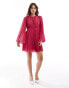 ASOS DESIGN tie back fluted sleeve pleated chevron chiffon mini dress in red