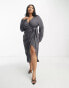 Фото #2 товара ASOS DESIGN Curve v neck midi dress with twist wrap detail in charcoal