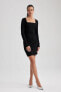 Bodycon Kare Yaka Premium Uzun Kollu Mini Elbise