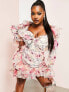 Фото #1 товара ASOS LUXE Curve organza ruffle ruched long sleeved mini dress in floral print