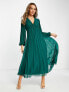 ASOS DESIGN pleated bodice plunge neck midi dress in forest green