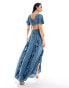 ASOS DESIGN satin ruffle flutter sleeve maxi dress with cut out waist in blue BLAU, 38 - фото #4