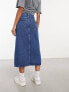 Only denim midi skirt with front split in mid blue