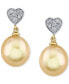 ფოტო #3 პროდუქტის Cultured Golden South Sea Pearl (9mm) & Diamond Heart (1/10 ct. t.w.) Drop Earrings in 14k Gold