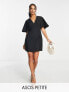 ASOS DESIGN Petite v neck mini dress with fluted sleeve in black