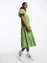 Monki tiered midi smock dress with puff sleeves in green check