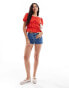 ASOS DESIGN tie side ruched top with puff sleeves in red