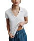 Фото #1 товара Women's V-Neck Side-Logo Rib-Knit Short Sleeve Polo Top