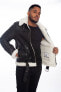 Фото #3 товара Men's Shearling Belted Pilot Jacket, Silky Black with White Wool