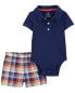 Фото #3 товара Baby 2-Piece Polo Bodysuit & Plaid Short Set 18M