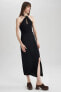 Фото #5 товара Платье женское Defacto Bodycon с разрезом черное из смесовой льняной ткани