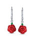 Фото #4 товара Delicate Floral Blooming 3D Red Rose Flower Green CZ Accent Lever back Dangle Earrings For Women Sterling Silver