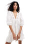 Фото #3 товара Miss Selfridge linen blend cutwork lace insert smock dress in ivory