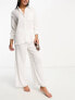 The Frolic tourmaline shirred wide long trouser co-ord in white pleated texture