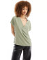 ASOS DESIGN V neck short sleeve top in light khaki