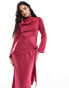 ASOS DESIGN satin long sleeve maxi dress with tie waist overlay detail in berry pink