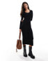 Pieces premium structured ribbed long sleeve maxi dress in black