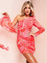 ASOS LUXE exaggerated shoulder ruched front drape mini dress in pink swirl print
