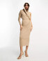 ASOS DESIGN one shoulder draped hood midi dress in mocha brown