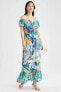 Фото #1 товара Платье женское длинное с открытыми плечами, с принтом цветов и оборками DeFacto Maxi Viskon