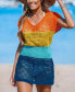 Women's Colorblock Crochet Smocked Waist Dolman Sleeve Mini Cover-Up